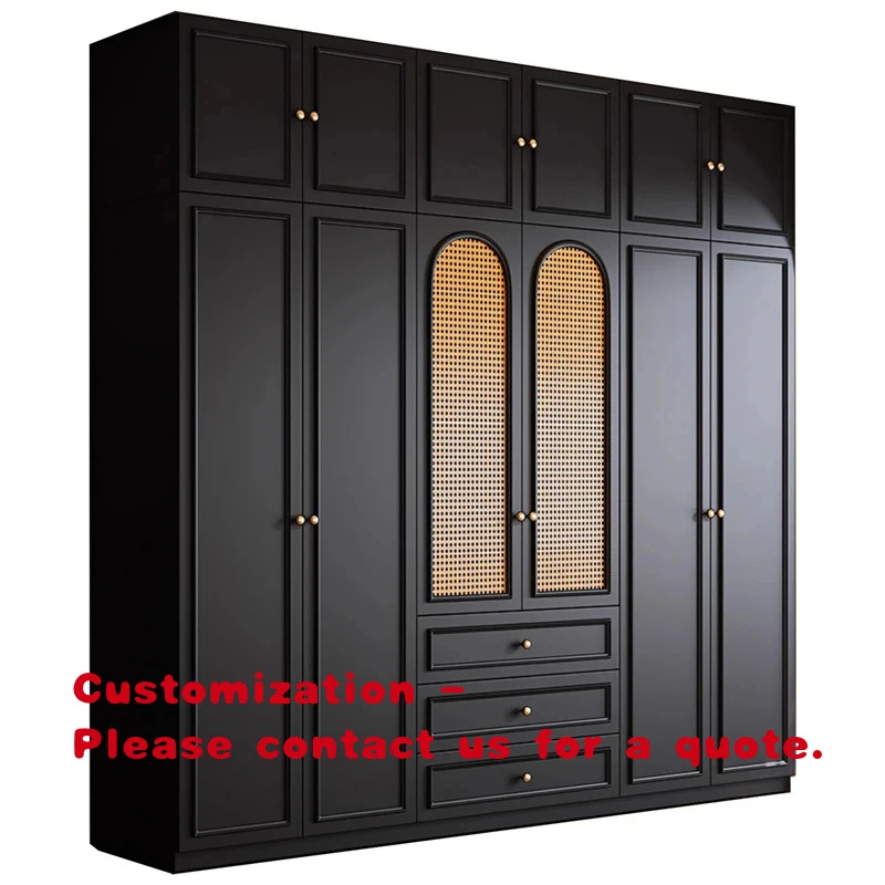 custom.Factory Custom Design Modern Freestanding Black Wooden Wardrobe Rattan Insert Large Bedroom Furniture
