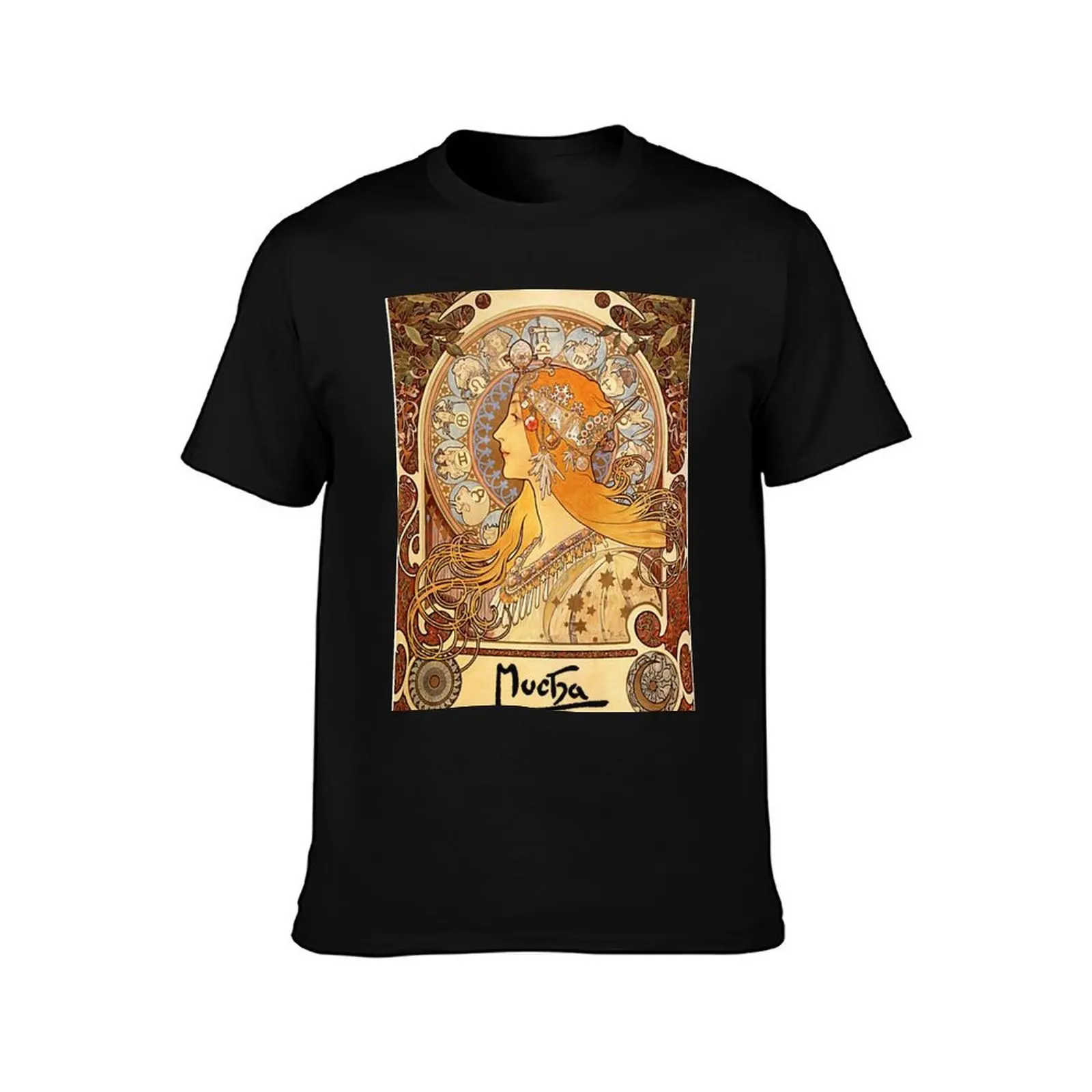 Mucha – Zodiac II T-Shirt, Summer Casual Cotton Tee, Oversized Streetwear Tops, Vintage Graphic Print, Loose Fit Short Sleeve