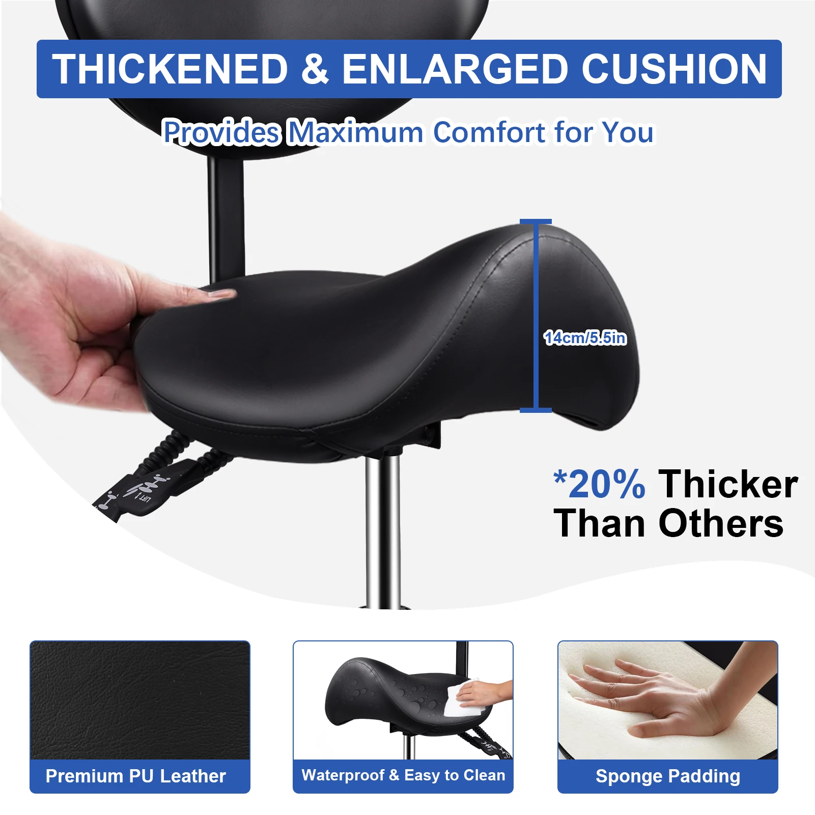 Sattelhocker mit Rollen, höhenverstellbar, ergonomischer Rollhocker mit Rückenlehne, robust, 360° drehbar ° Drehbarer Salonhocker mit Hydraulik und PU-Ledersitz, Professioneller Kosmetik-Rollhocker für Salon, Klinik, Spa, Massage, Tattoo, Beauty, Zuhause und Büro – Detail 6