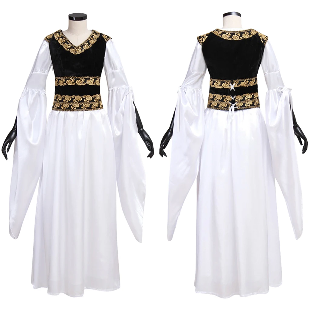 

Medieval Victorian Royal Court Costume Tudor Regency White Dress Black Vest Suit Halloween Carnival Party Queen Cosplay Gown