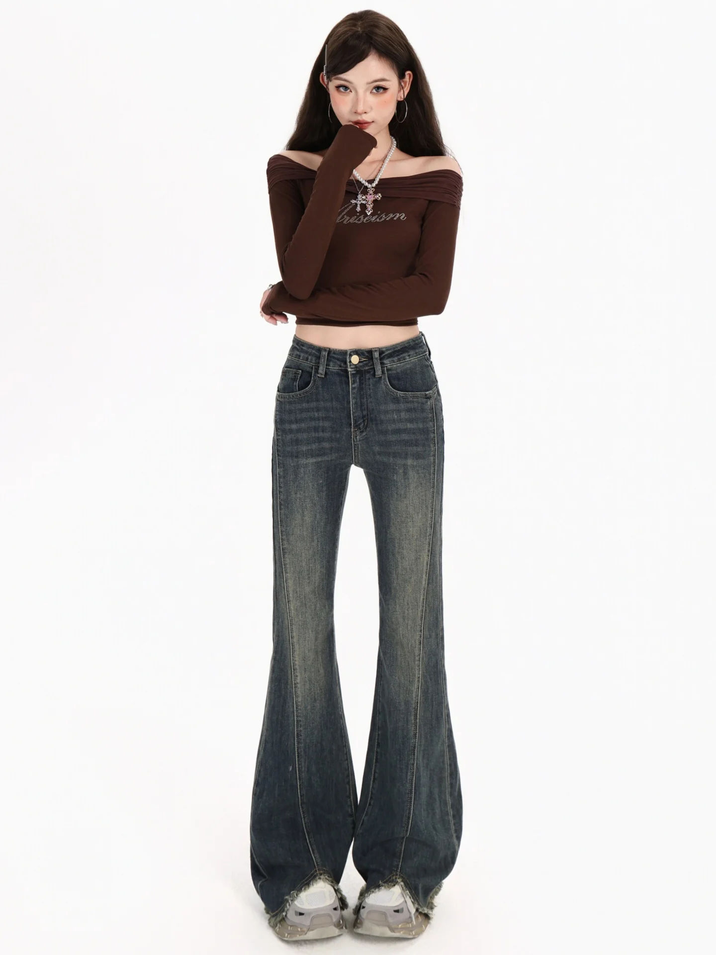 

Retro Blue Frayed Wide Leg Denim Jeans Women's Spring New plus Size Flared Pants High Waist Slimming Hip Covering Elastic Bel...