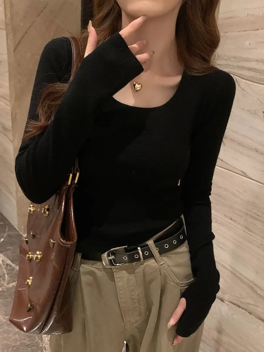 2025 Autumn New Long-sleeved Sweater for Women Slim-fitting Square-neck Bottoming Shirt Autumn Winter High-end Low-neck Top 6