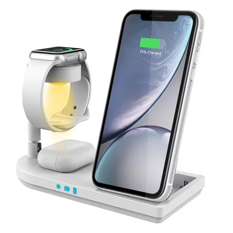 

Складная подставка для беспроводного зарядного устройства 3-в-1 со светодиодной ночью для iPhone 17 ~ 12 Apple Watch AirPods Pro или Samsung Galaxy Watch Buds