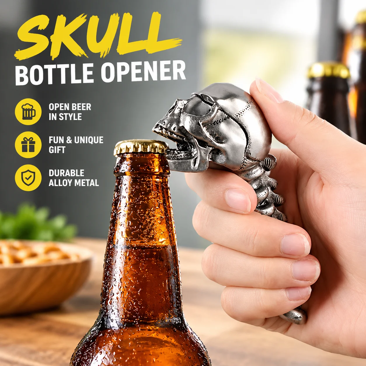 Skull Bottle Opener in Alloy Metal, Creative Beer Can Opener, Funny Personalized Gift for Men, Barware Accessory