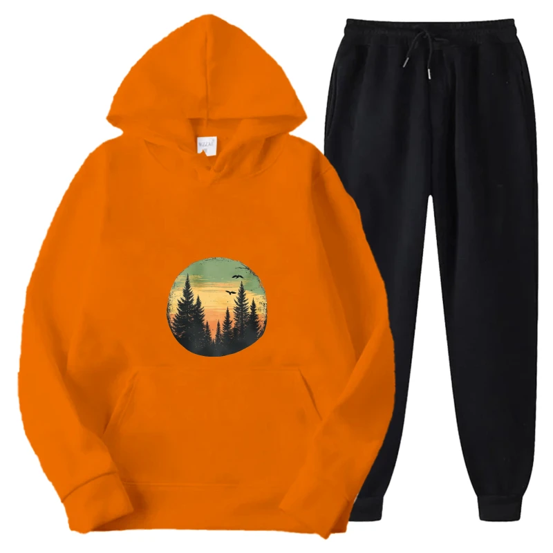 طقم هوديي سويت شيرت بقلنسوة مطبوع برتقالي وملابس ركض سوداء غير رسمية للرجال والنساء #5