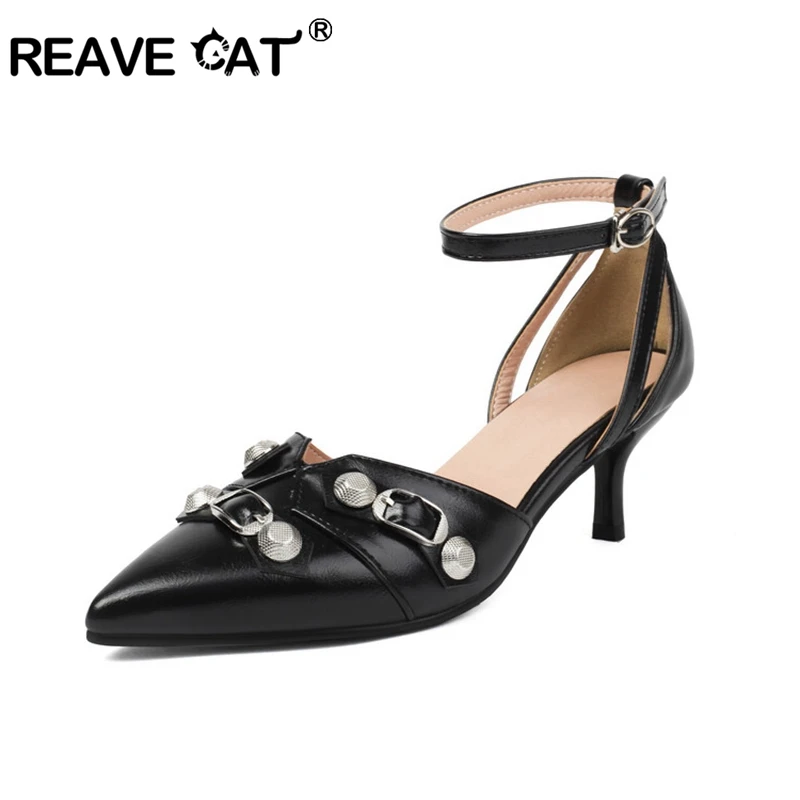 

REAVE CAT Office Lady Shoes Pointed Toe 6.5cm Small Heels Rivets Buckles Back Strap Brand Design Women Pumps Big Size 40 41 42 4