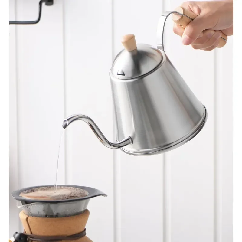 Stainless Steel Gooseneck Kettle with Wooden Handle Manual Pour Over Coffee Dripper Pot for Home Brewing Kitchen Accessories