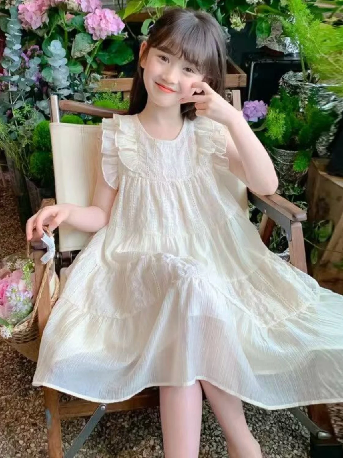 Vestido de Renda Sem Mangas Estilo Princesa para Meninas, Saia de Conto de Fadas para Crianças de Meia Idade, Estilo Doce, Ci...
