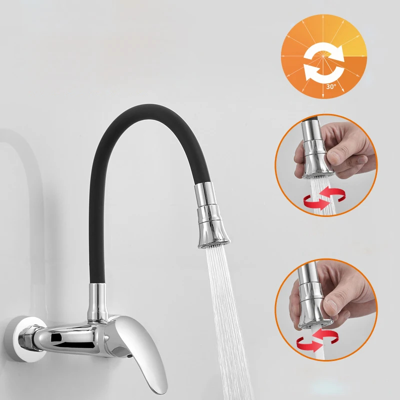 BECOLA-grifo para fregadero de cocina, grifería de agua fría y caliente montada en la pared, manguera Flexible giratoria de 360 grados, orificios