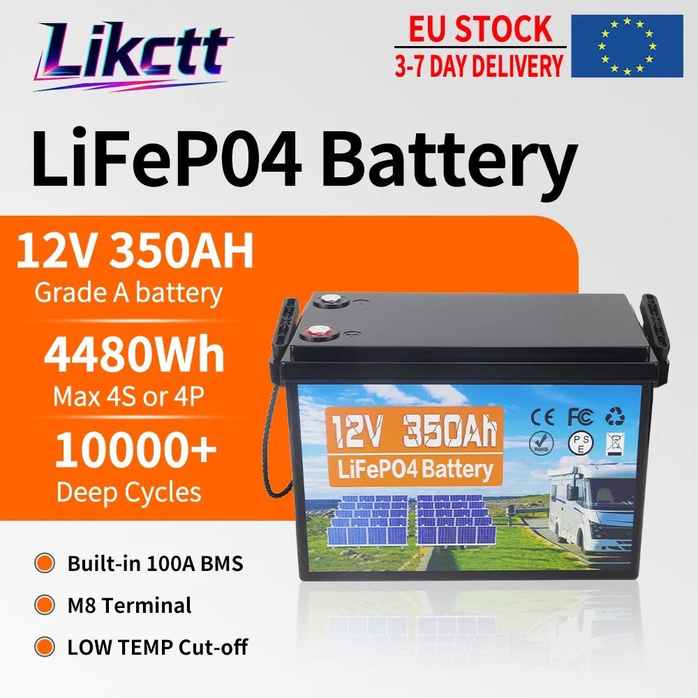 12V 350Ah LiFePO4 Lithium-Batterie, Max. 4480Wh, 10000 Deep-Cycle-Batterie |   Niedertemperaturschutz Lithium-Eisenphosphat-Batterie für Heimenergie, Wohnmobile, Trolling-Motoren, Marine, Solar,