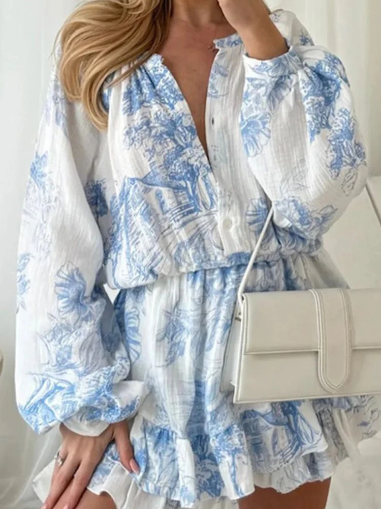 Vestido de fiesta Bohe con estampado de patrón elegante, minivestido drapeado con volantes y cintura alta con botones a la moda, vestido informal de manga larga para mujer