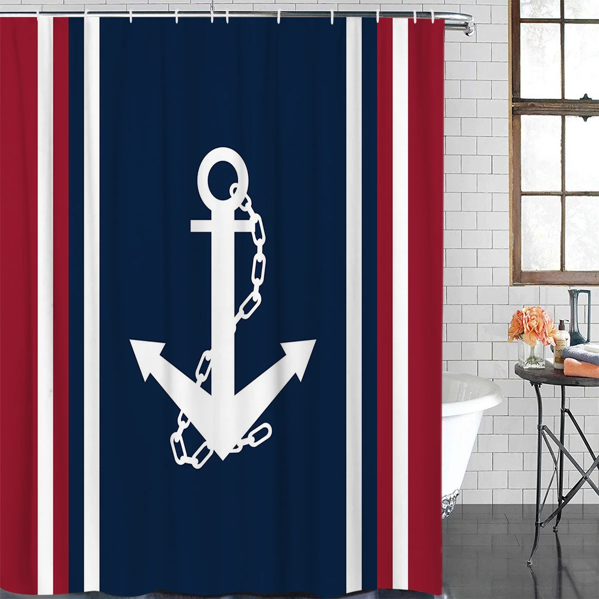 عمودي أزرق أحمر شريط أبيض مرساة دش مقاوم للماء الستار البوليستر النسيج المطبوعة ستائر الحمام ديكور الحمام مع السنانير