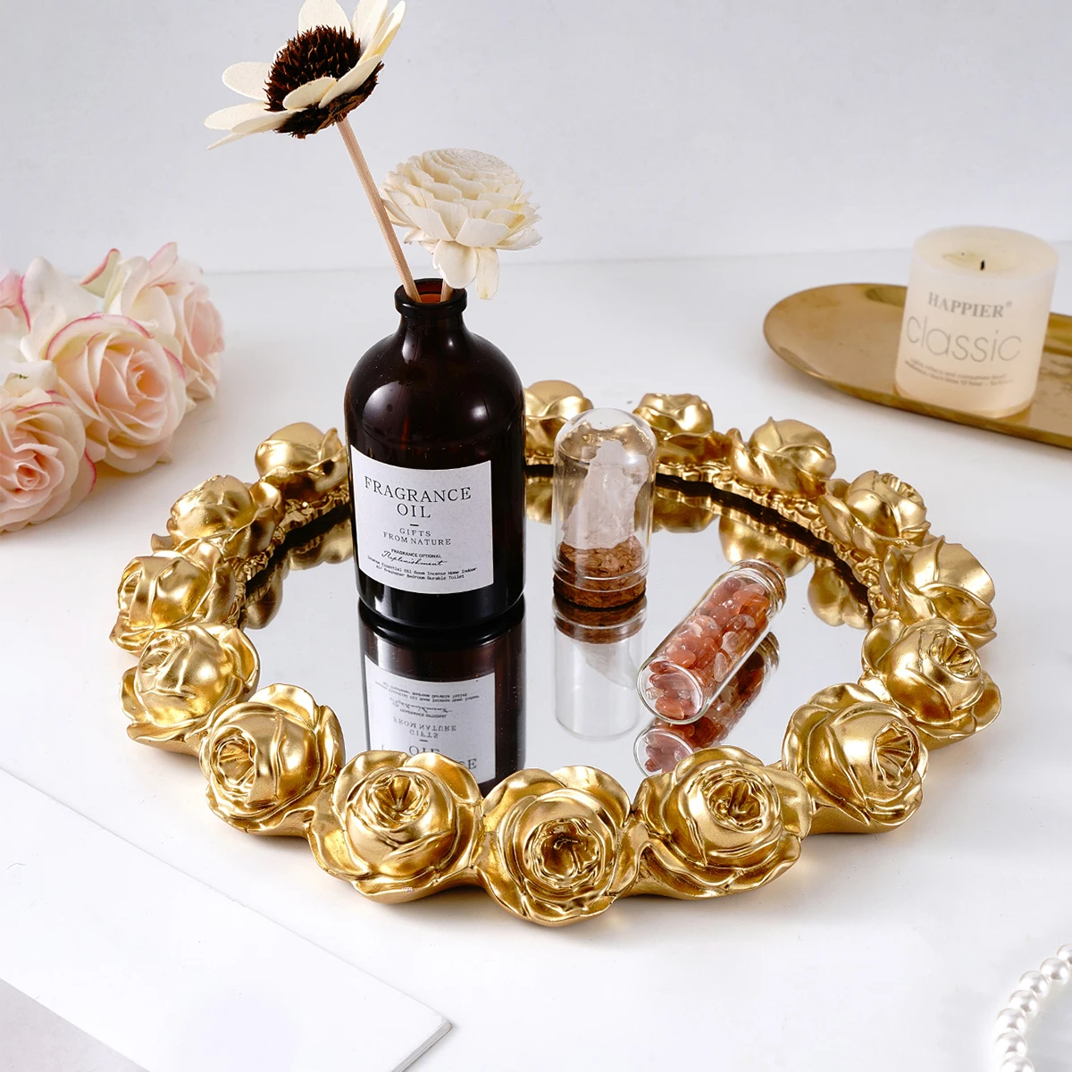 1PC, A Simple European Rose Garron-Shaped Mirror Decorative Tray, A Resin Material Hand-Painted Home Decoration Handicraft view 4