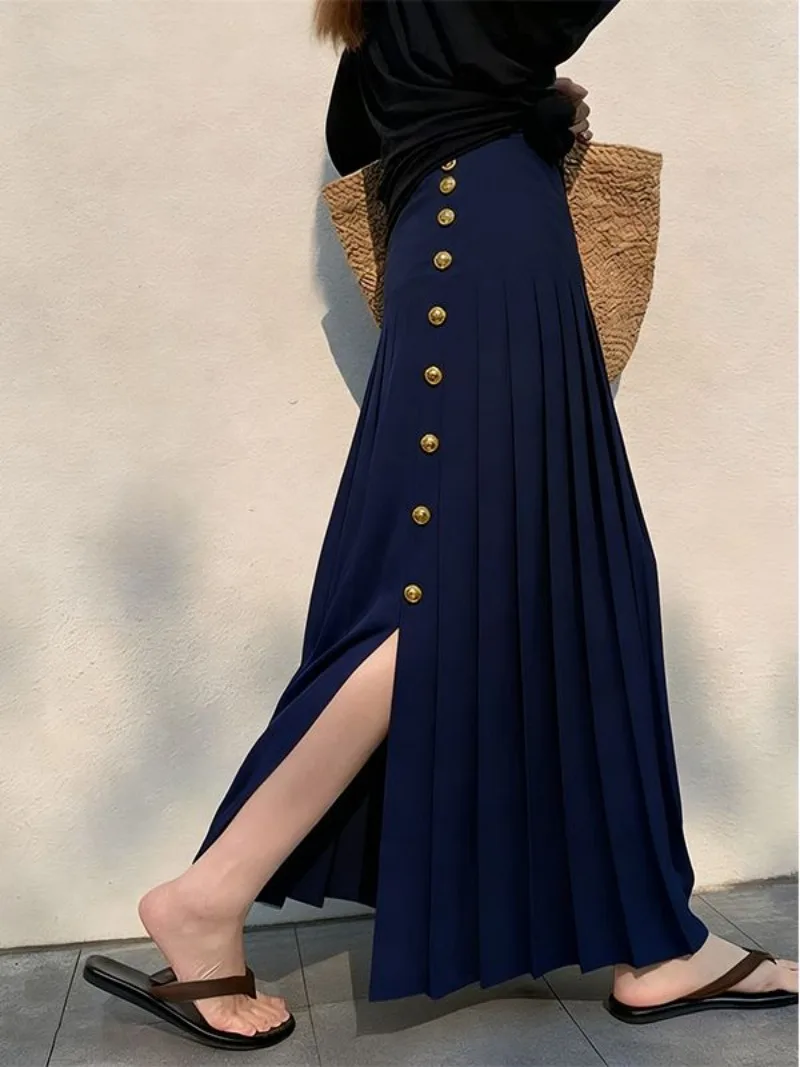 New Elegant Slim Split Long Skirt Women Fashion Spring Autumn High Waist Single Breasted Button Solid Color Pleated Skirts