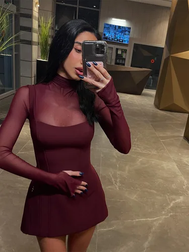 Imagen 1 del producto Huhugirl-Vestidos de retales de malla para mujer, ropa de calle sexi a la moda, Mini Vestidos ajustados de manga larga con cuello alto, batas para mujer