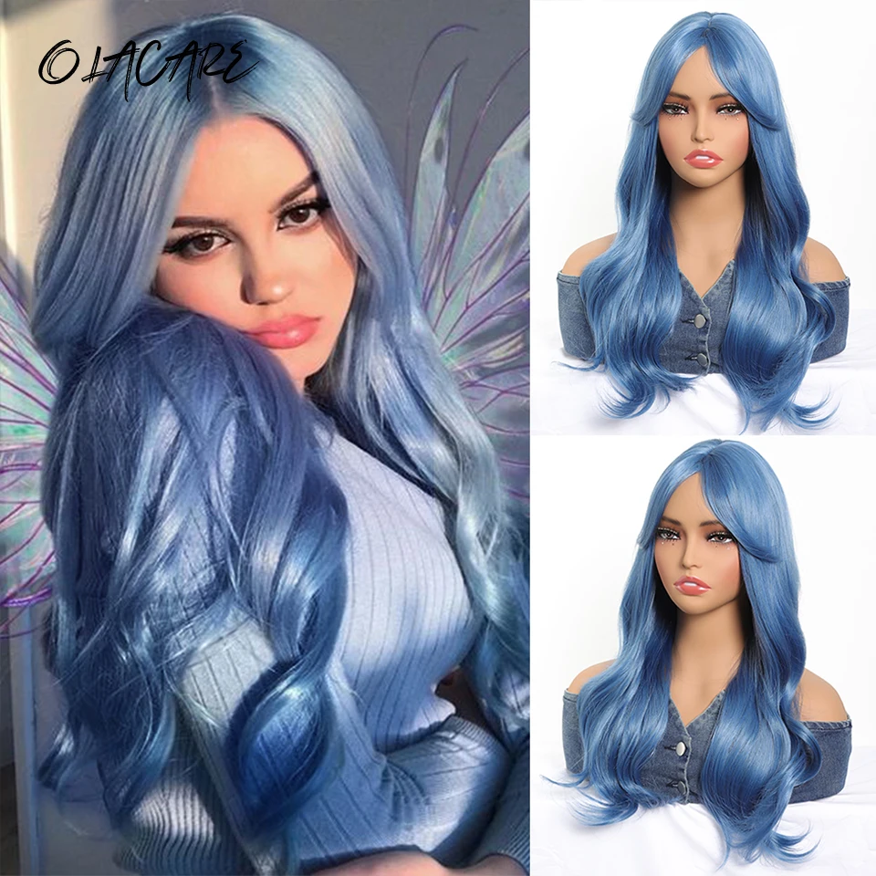 

Blue Long Wavy Synthetic Wigs Middle Part Natural Wave Wig Heat Resistant Cosplay Party Daily Hair Wig for Women and Girls