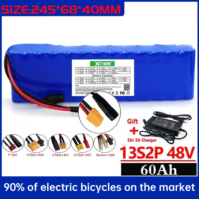 

60Ah 48V E-bike battery 18650 lithium ion battery pack 13S2P bike conversion kit bafang 1000w and 54.6V2A Charger + XT60/DC Plug