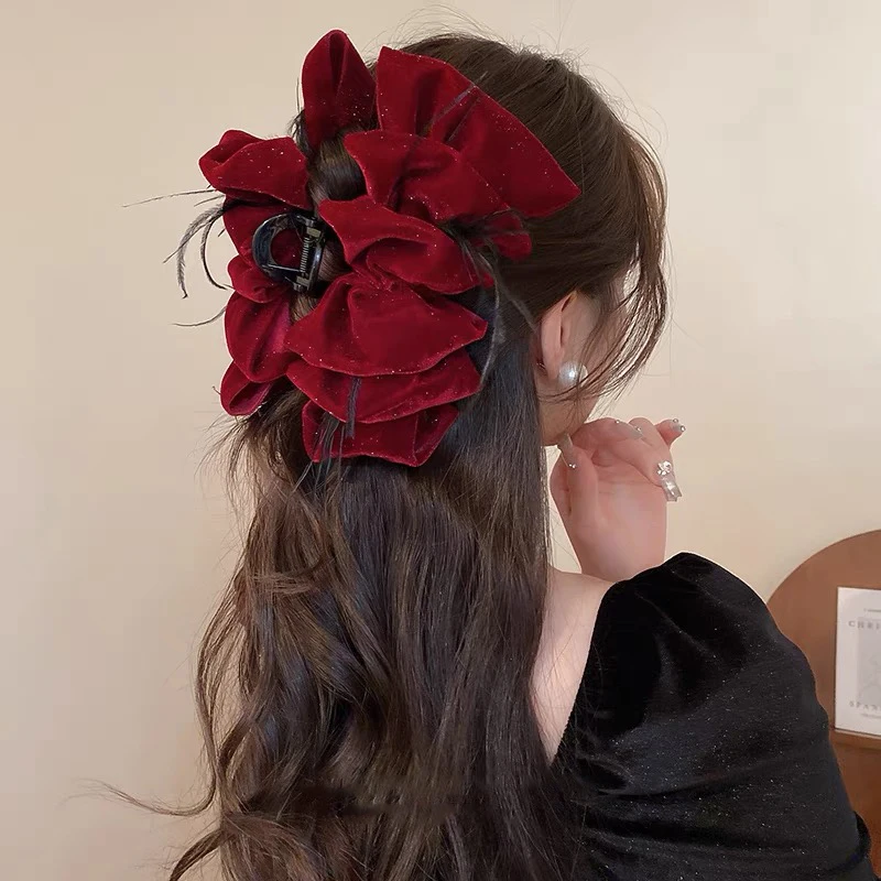 16cm Large Size Hair Claw Clip Winter Velvet Multi-Layered Bow Hairpin Hair Crab For Women Black Wine Red Temperament Headwear