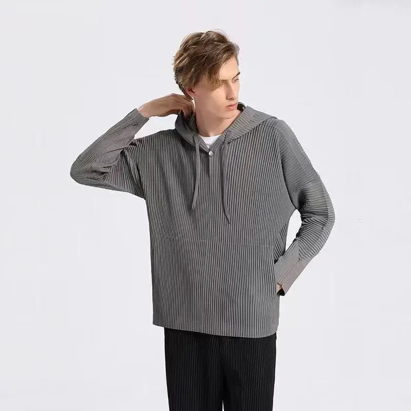 Miyake New Autumn and Winter Hooded Long-sleeved Jacket Pleated Sweater Men's Solid Color Breathable Loose Drawstring Casual