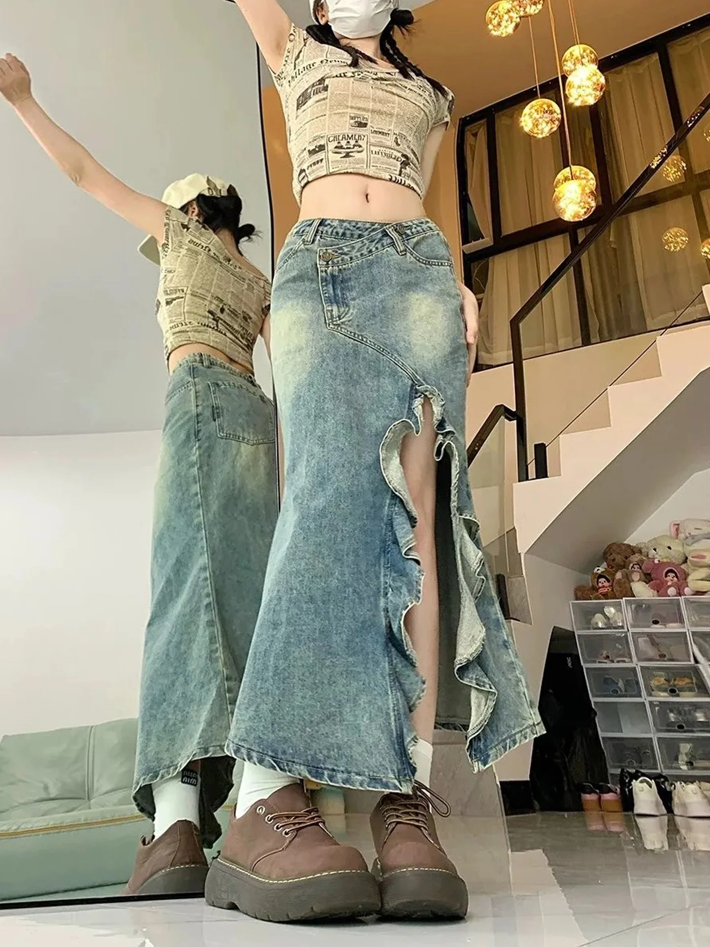Retro American Half Skirt with Wood Grain  Denim Women's Autumn New Design Sensation Open Fish Tail Wrap Long Skirt