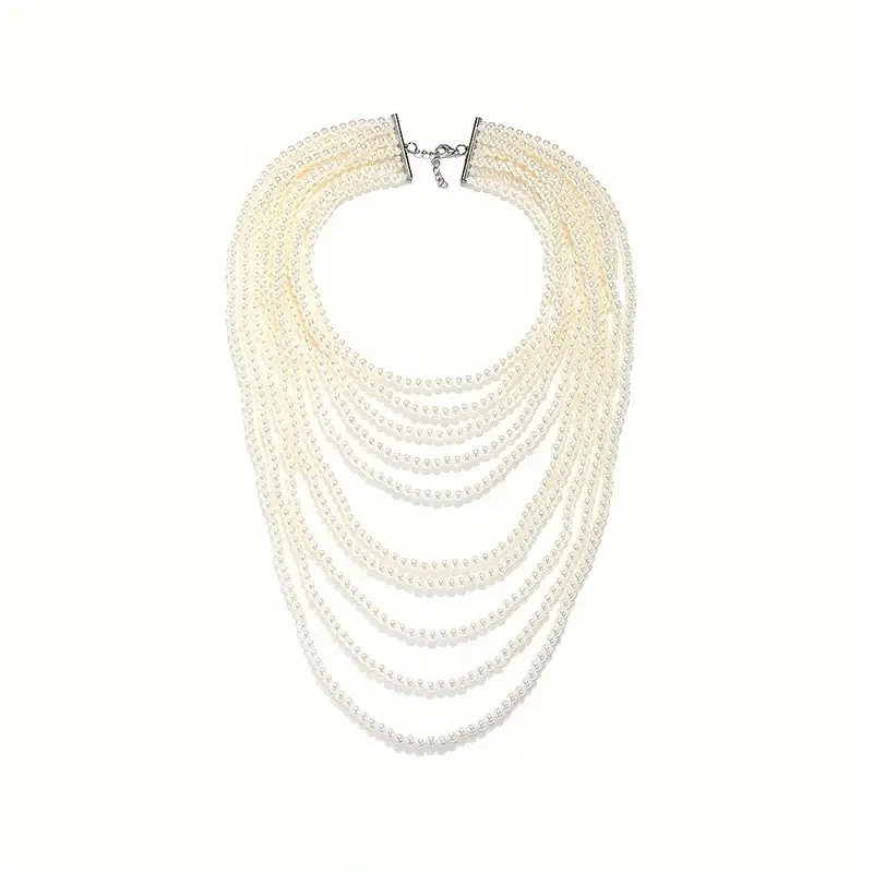 Dvacaman White Faux Pearl Beaded Necklace - Luxury Multi-Layered Simulated Pearl Necklace for Women Statement Jewelry