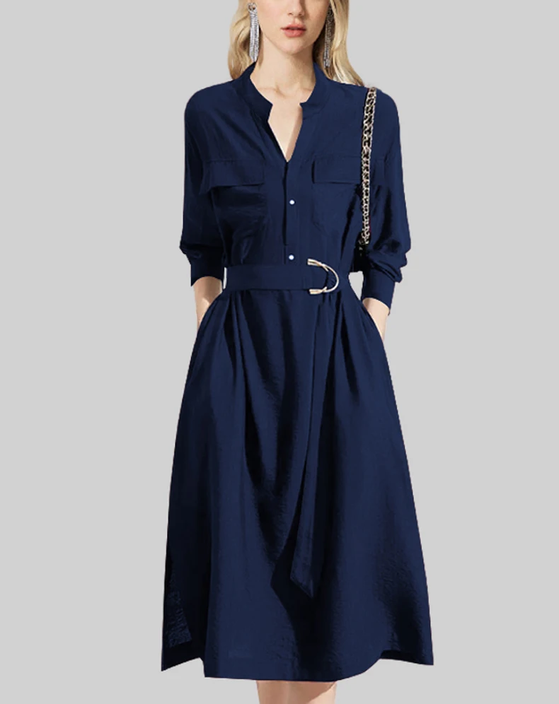 Französisch einfach elegant elegant V-Ausschnitt Langarm hoch taillierten Gürtel Slim Fit A-Linie Temperament Pendler Shirt langes Kleid für Frauen Herbst