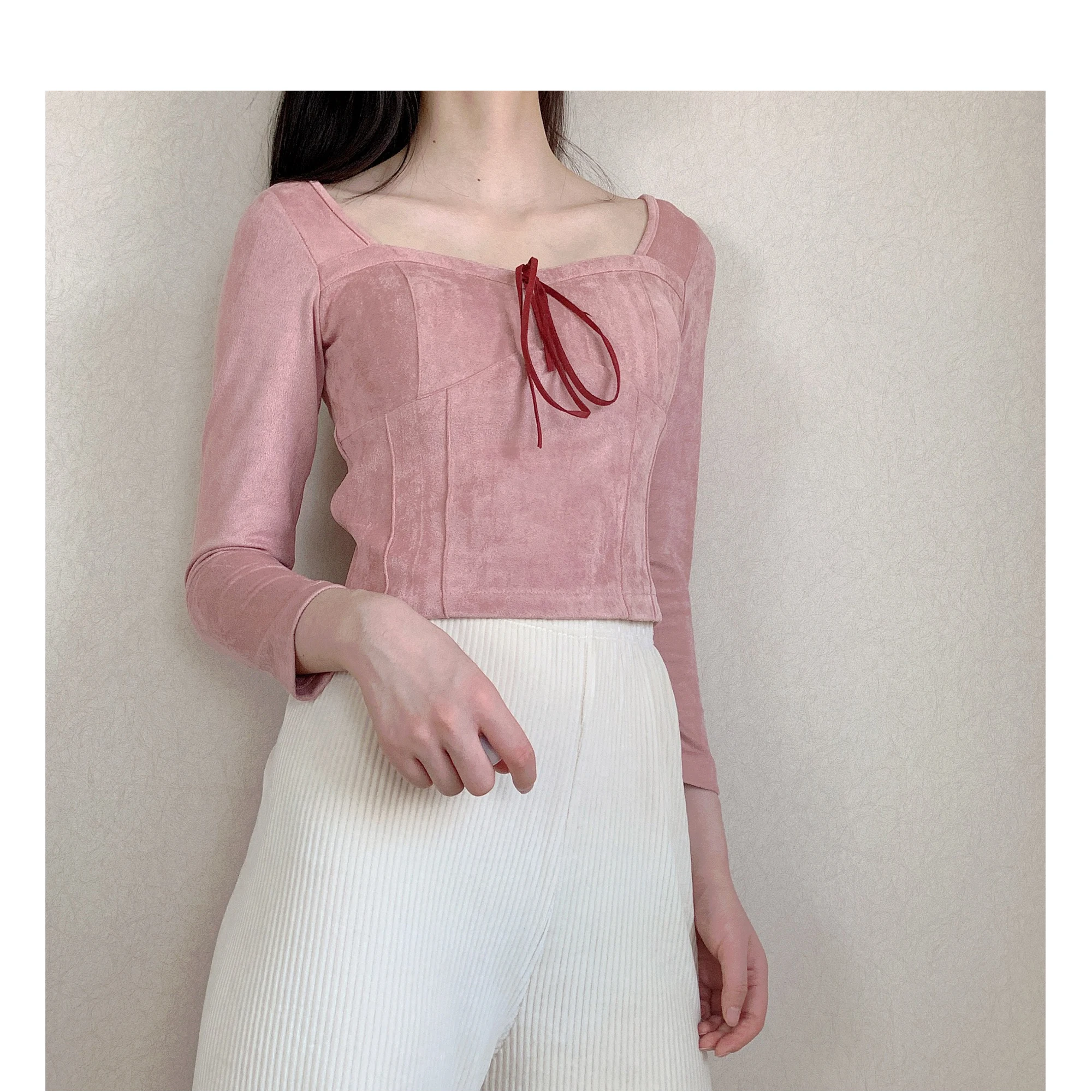 

Весенне-осенний замшевый топ с длинными рукавами, бантом и милым розовым декором для девочек, винтажный стиль, с узлом, длинный рукав