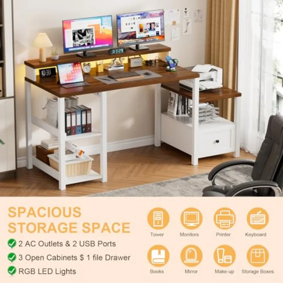 مكتب كمبيوتر مقاس 61.2 بوصة مع مكاتب طاقة للدرج ومكاتب مكتب مريحة للمزرعة مع حامل شاشة طويل وطاولة حاسوب خشبية #6