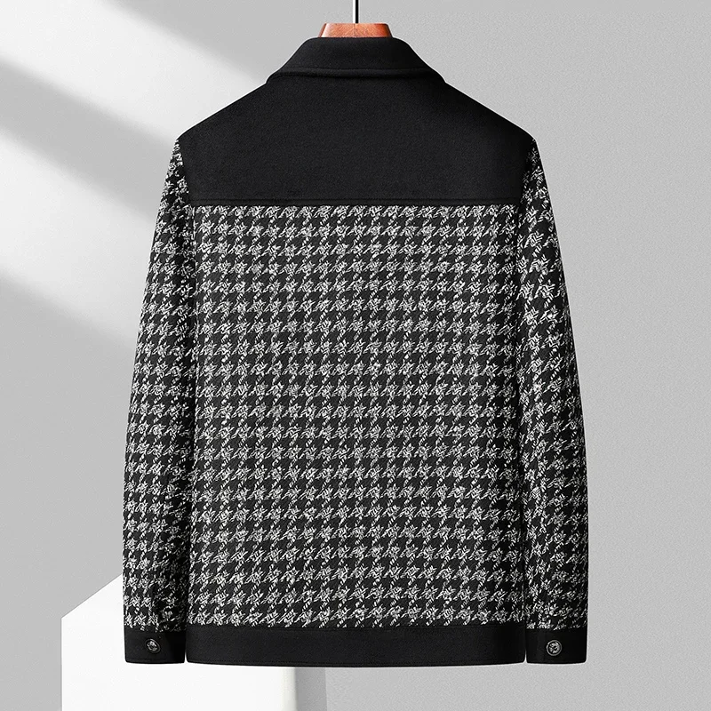 

Autumn Winter Men Houndstooth Cashmere Jacket Black Gray Classical Thicken Quilted Woolen Blend Coat Male Outfits Timeless Style