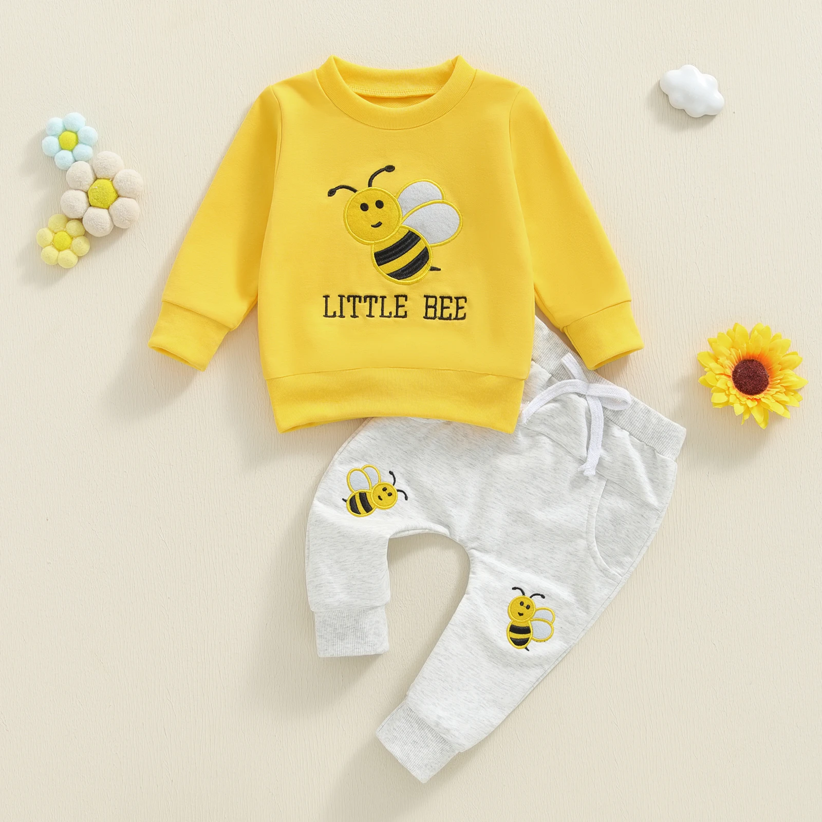 

Tregren 0-3Y Toddler Baby Boys Girls Fall Set Cute Bee Embroidery Long Sleeve Sweatshirt Pullover Tops with Pants 2 Pcs Outfits