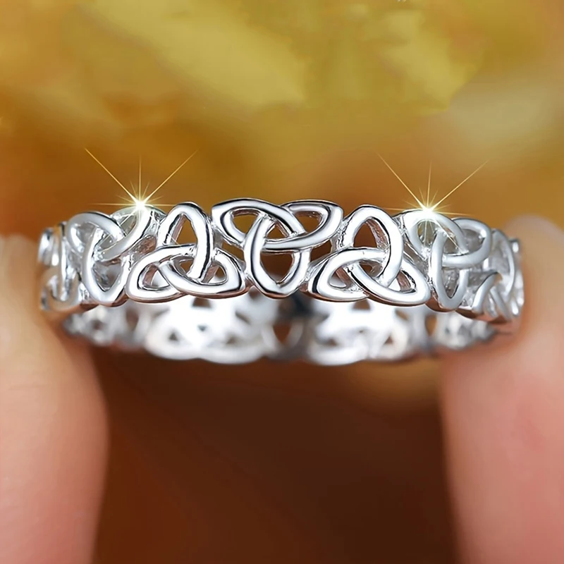 Huitan Vintage Celtic Knot Band Ring for Women Hollow Wedding Statement Finger Jewelry Elegant Fashion Party Daily Accessories