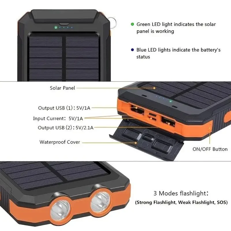10000mAh 4-in-1 Solar Charger Power Bank - LED Light Camping Hiking Long Runtime