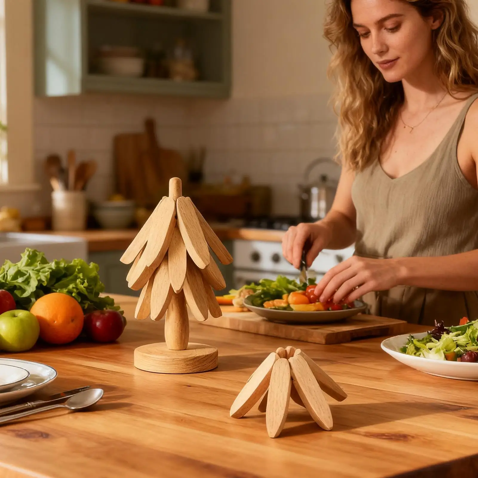 Tree Shaped Tripod Set Anti-scald Table Pad Non-slip Coaster High Temperature Resistant Placemat For Home Kitchen Wood Placemats