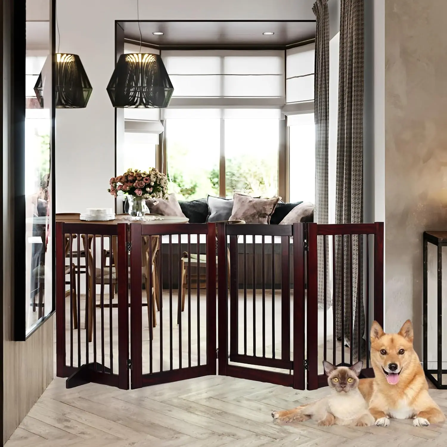 Wooden Freestanding Pet Gate, Pet Gate for Dogs, 29.5inch 4-Panel Wooden Dog Fence with 2 Support, Feet Folding Dog Gate for Ind