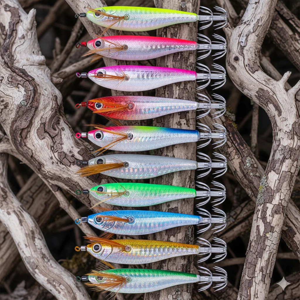 10 Stück Holz-Garnelen-Tintenfisch-Jigs Angelköder-Set 10,3cm 9,4g Leuchtende Tintenfischköder Oktopus-Haken für Salzwasser-Angelausrüstung