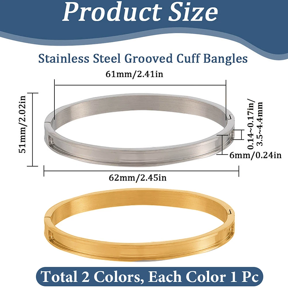 2Pcs Bracelet Blanks Grooved Bangle Stainless Steel Metal Hinged Empty Cuff Inlay Bracelet Base for Jewelry Making Women