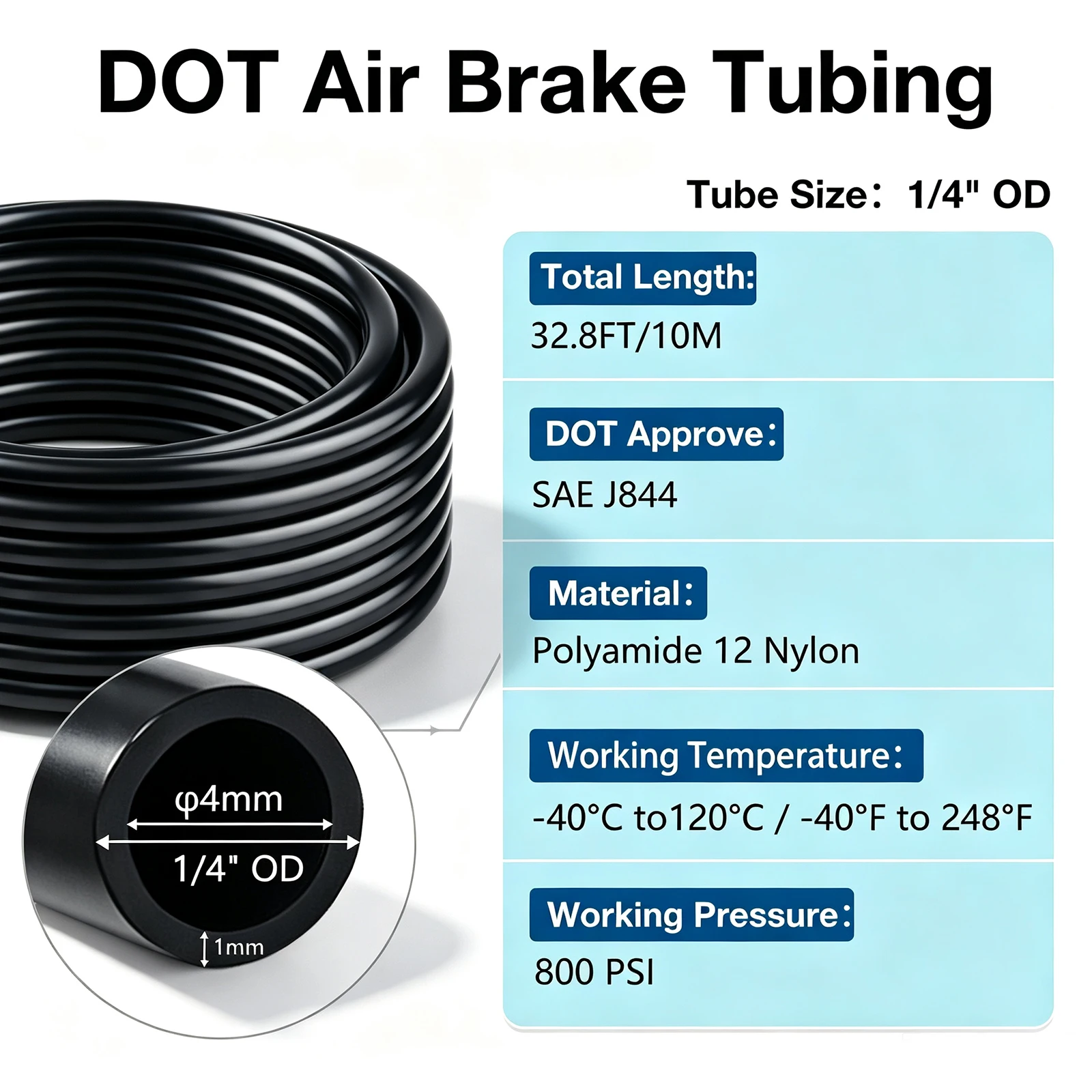 32.8FT 1/4 DOT Air Line SAE J844 PA12 Nylon Air Hose with Cutter 1/4” OD Pneumatic Tubing DOT Approved 1/4 Air Brake Hose