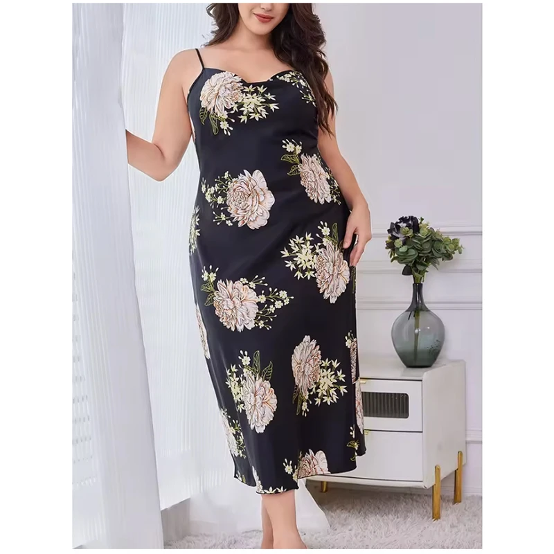 Vêtements de nuit en soie glacée, grande taille, à la mode, décontractés, imitation soie, sexy, imprimé, chemise de nuit à bretelles
