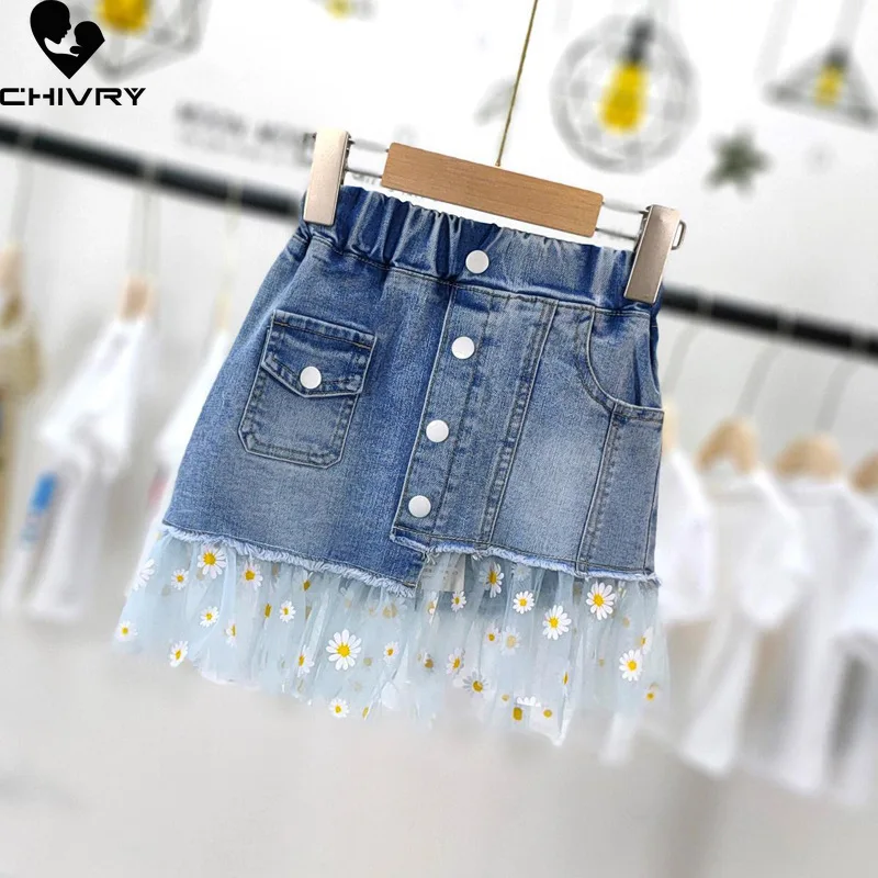 Summer New 2022 Kids Girls Fashion Skirts Mesh Patchwork Daisy Button Denim Skirt with Pockets Girls Children Casual Clothing