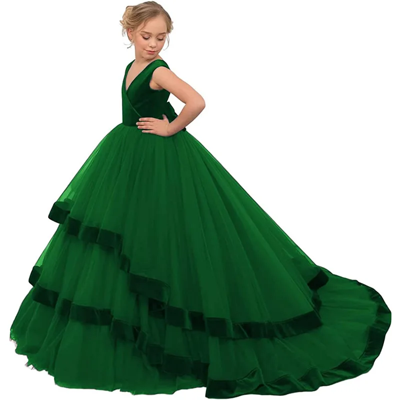 New Flower Girl Wedding Dress Velvet Tail Sleeveless V-Neck Performance Festival Puffy Princess Long Dress