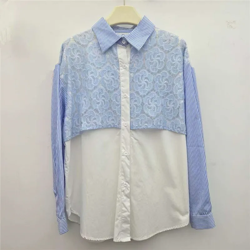 

SuperAen European and American Style Autumn 2025 New Fashion Loose Lace Patchwork Contrast Color Striped Shirt Women Sweet Shirt
