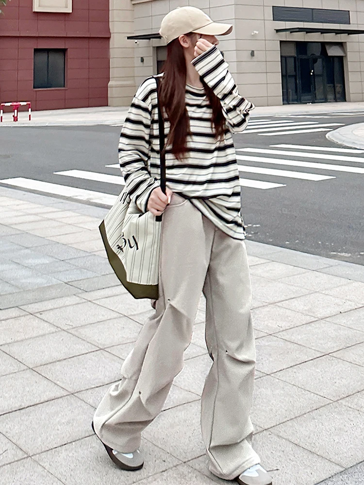 Pantalones de trabajo de lana con remaches americanos para mujer, pantalones deportivos informales de pierna ancha y cintura alta engrosados para uso diario en otoño y