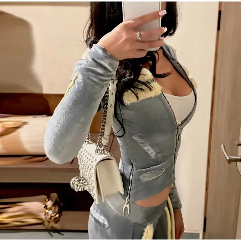 Damen-Hosen-Sets Kunstfell-Patchwork Langarm-Reißverschluss-Hoodies Mäntel Hochgeschnittene Schlaghosen Herbst Neue Schlanke Outfits für Frauen – Detail 16