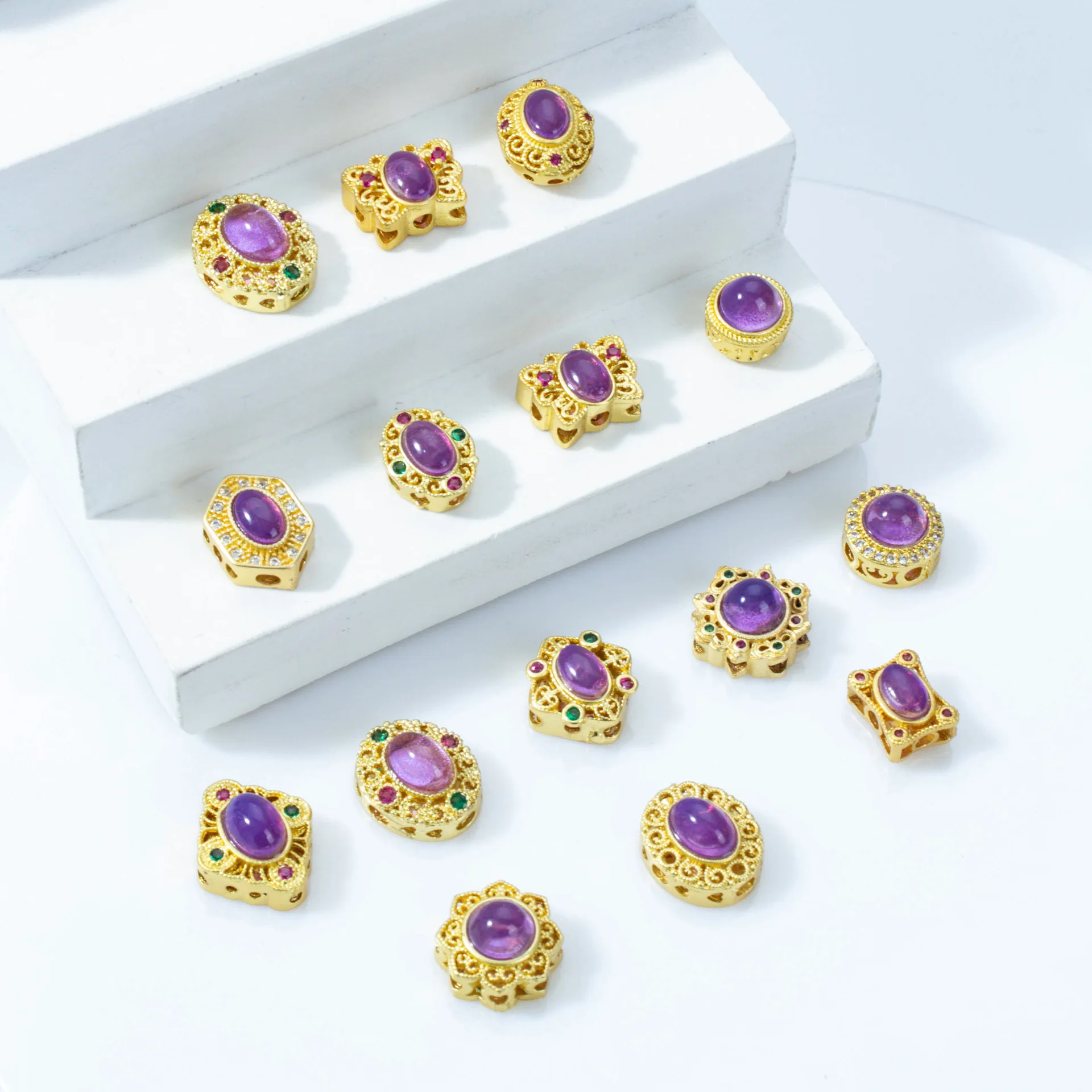 10pcs Copper Gold Plated Amethyst Stone Spacer Bead Accessories DIY Handmade Bracelet Necklace Jewelry Making Beads Wholesale
