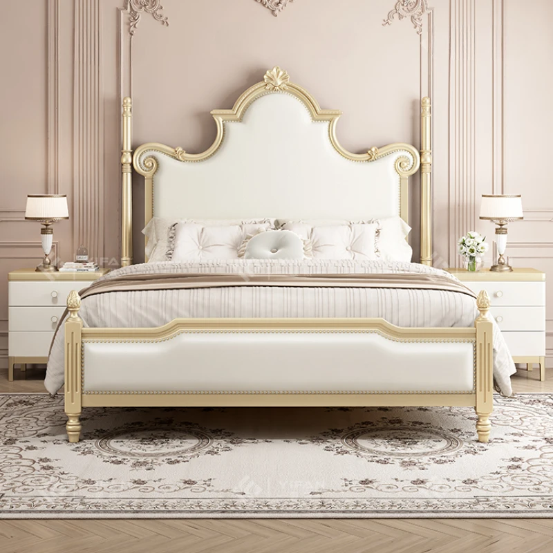 French Princess Luxury Bed Elegant Pretty Gold Queen Size Double Bed Leather Villa Camas De Dormitorio Bedroom Set Furniture