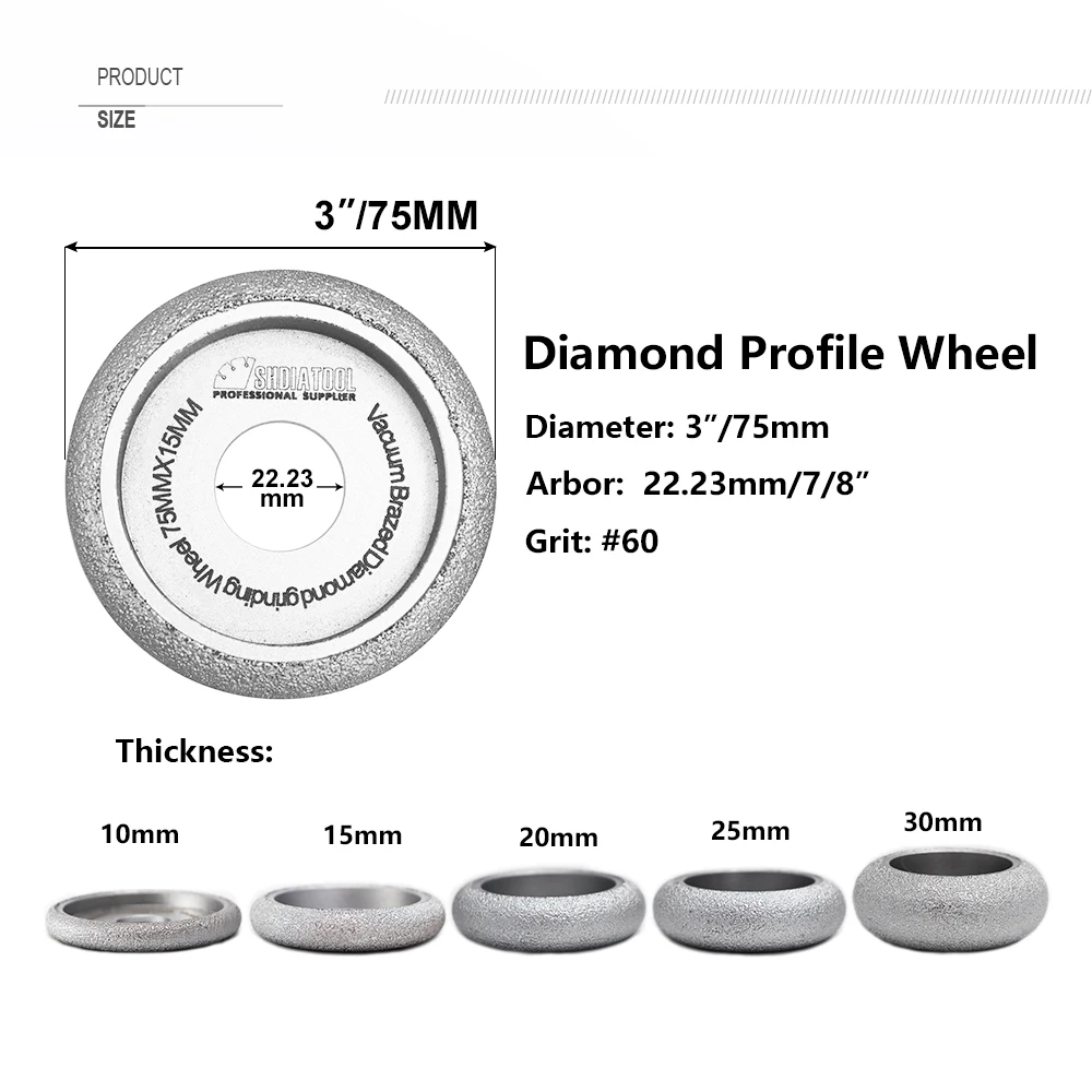 SHDIATOOL 1pc Diameter 75mm Vacuum Brazed Diamond Profile Grinding Wheel 10/15/20/25/30MM Diamond Disc Abrasive Grinding Wheels