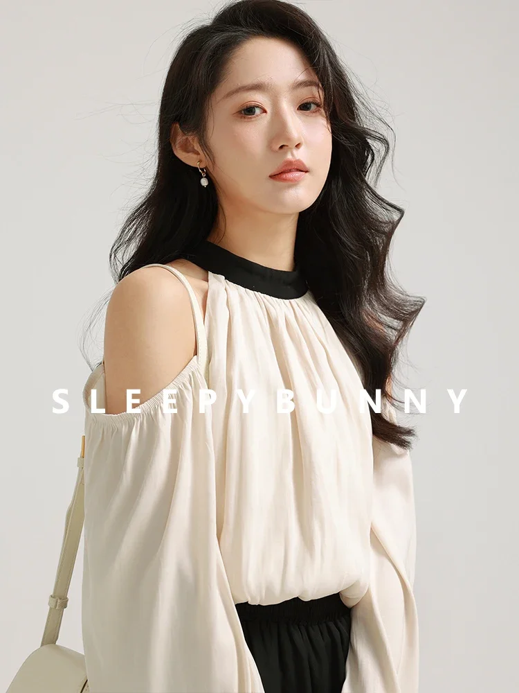 Women Hollow Neck Lantern Sleeve Blouse 2025 Spring Autumn Chiffon Off-Shoulder Shirt Stylish Loose Fit Long Sleeve Casual Top