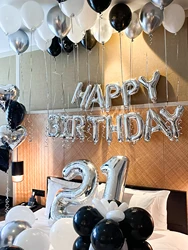 16-inch black, silver and white happy birthday balloon set, suitable for happy birthday party scene decoration, New Year party