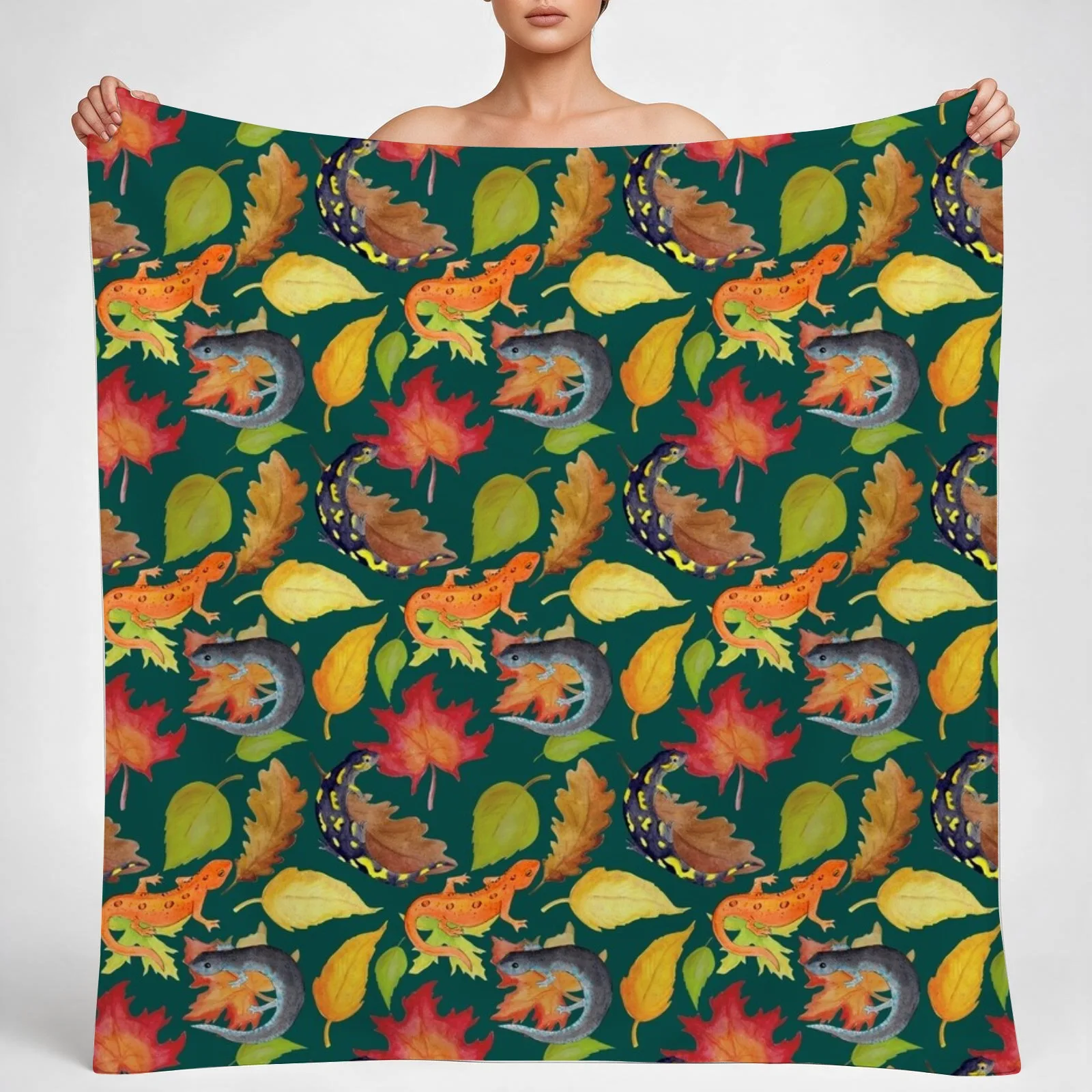 Salamander Leaves Watercolor Pattern- Dark Green Throw Blanket couch cozy soft plush fuzzy picnic outdoor blanket