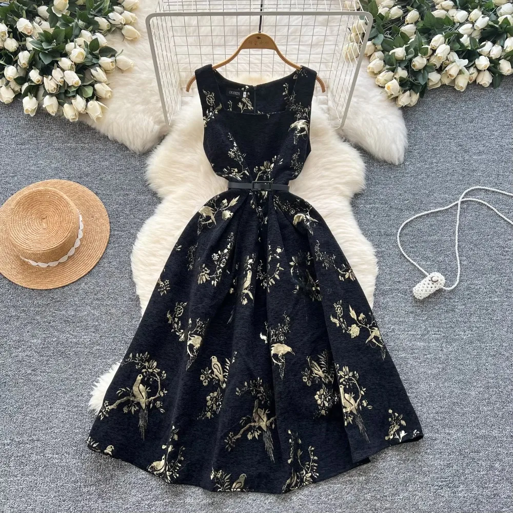 French Fashion Print O-neck Jacquard Sleeveless A-line Ball Gown Dress Women Summer Vintage Elegant Graduation Party Dresses